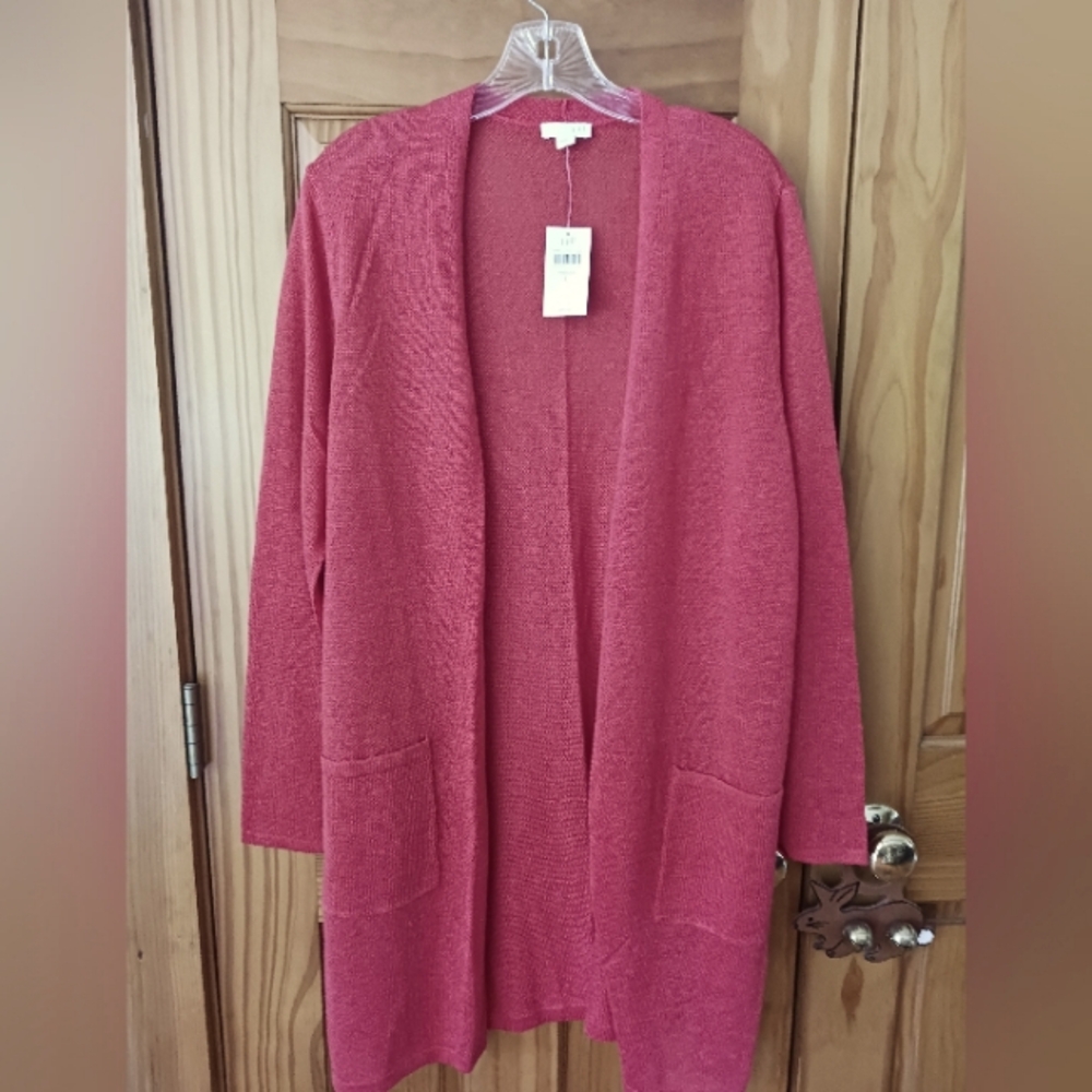 J. Jill Linen Blend Long Open Cardigan Hibiscus Sz Large NWT